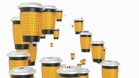 Lots of thermo cups for hot drinks. There are lots of black and gold thermo cups for hot drinks  in motion on a white background. 4K seamless looping video