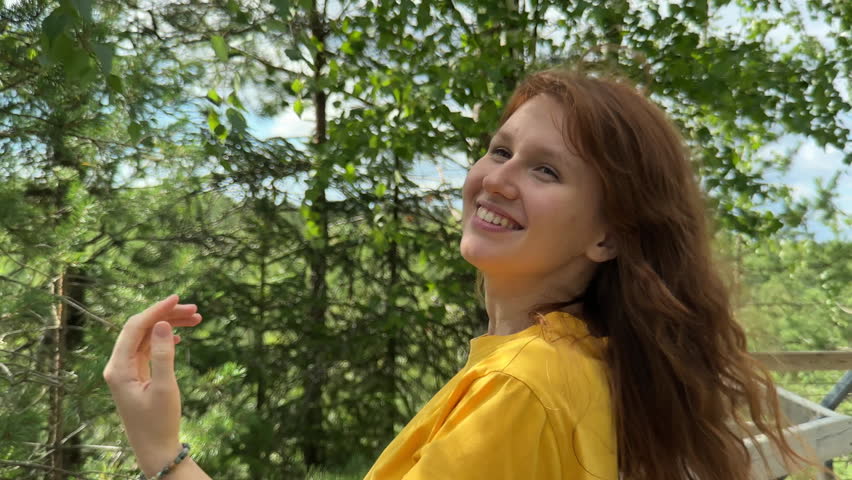 Happy young woman background Marble canyon in Ruskeala, Karelia