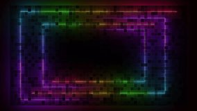Rectangle frame on dark background with rainbow neon laser lines and grid pattern