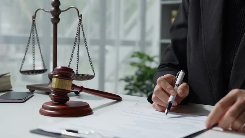 Lawyer man holding pen with contract or agreement document to the customer for signing in courtroom legal, Sign a contract business. Royalty-Free Stock Footage #1109437147