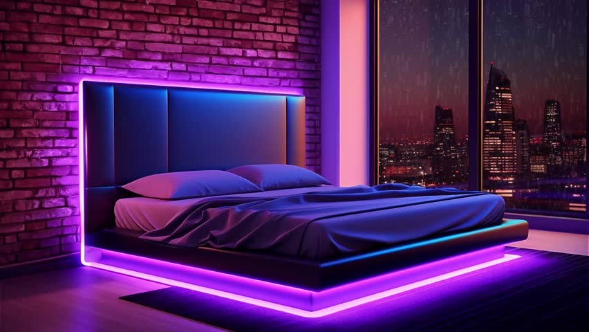 retro futuristic bedroom with beautiful city views Royalty-Free Stock Footage #1109439889