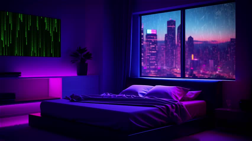 retro futuristic bedroom with beautiful city views Royalty-Free Stock Footage #1109439891