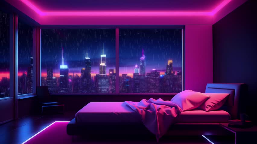 retro futuristic bedroom with beautiful city views Royalty-Free Stock Footage #1109439893