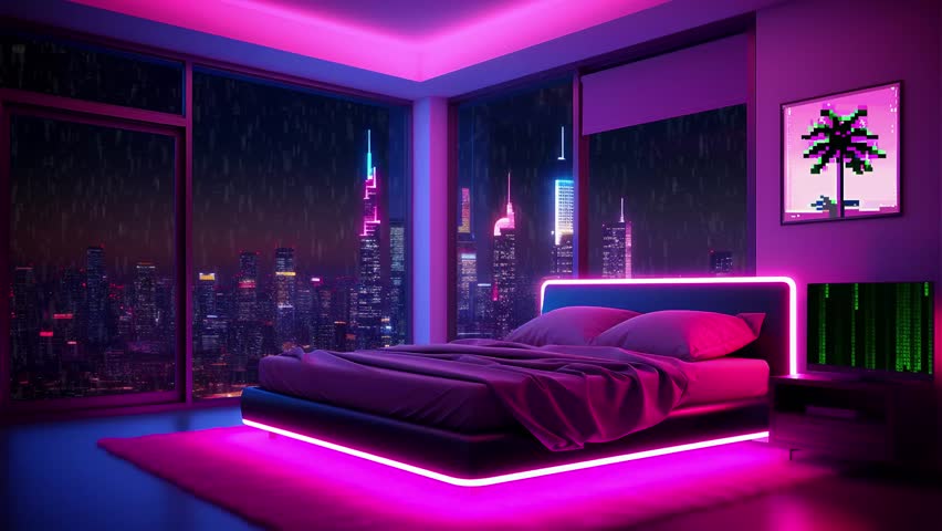 retro futuristic bedroom with beautiful city views Royalty-Free Stock Footage #1109439895