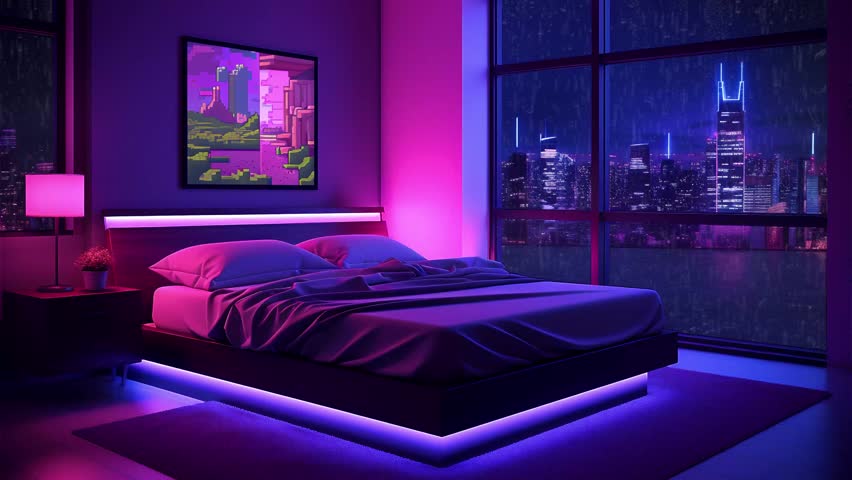 retro futuristic bedroom with beautiful city views Royalty-Free Stock Footage #1109439897