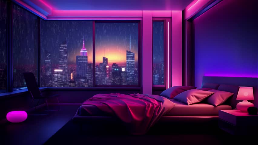 retro futuristic bedroom with beautiful city views Royalty-Free Stock Footage #1109439905