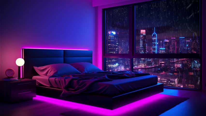 retro futuristic bedroom with beautiful city views Royalty-Free Stock Footage #1109439911