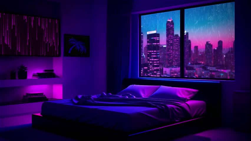 retro futuristic bedroom with beautiful city views Royalty-Free Stock Footage #1109439913