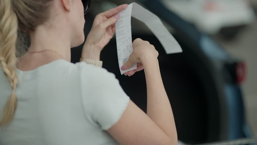 Buyer Checks Paper Receipt On Shopping Supermarket. Customer Receipt Bill Expensive Total. Cash Register Money Spending On Hypermarket. Home Finance Budget.Woman Check Bill Grocery Store Shopping Cart