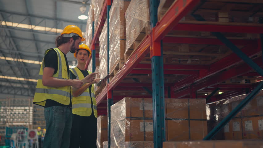 Man and woman workers checks products stock inventory with digital tablet in the retail warehouse full of shelves, Workers employee wearing hard hat doing work in storehouse. - Powered by Shutterstock - Get 15% off with code: PIKWIZARD15