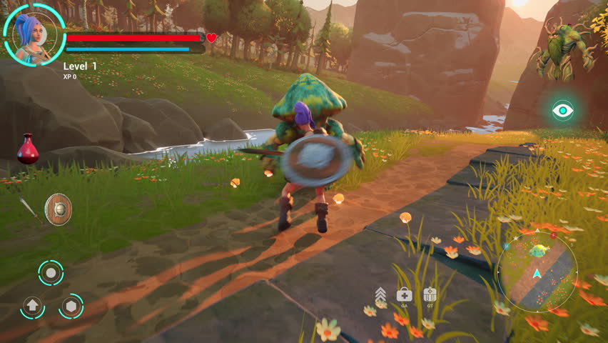 Video Game Mock-up Screen with Beautiful Sunset Scenery: Gameplay of 3D Fantasy Adventure RPG Set in Magical Realm. Female Hero Character Taking Damage From Enemies but Persevering Until Victory