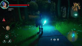 Night Video Game Mock-up: Gameplay of 3D Fantasy Role Playing Game Featuring Female Hero Character on Adventure, Running in Magical Forest on a Quest, Fighting Monsters and Gaining Experience Points
