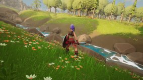 Video Game Mock-up: Playable Character in Beautiful Bright 3D Video Game. Fantasy RPG Featuring Female Hero Character on Adventure, Discovering, Running Towards Goal Marked on Map. Gaming Content