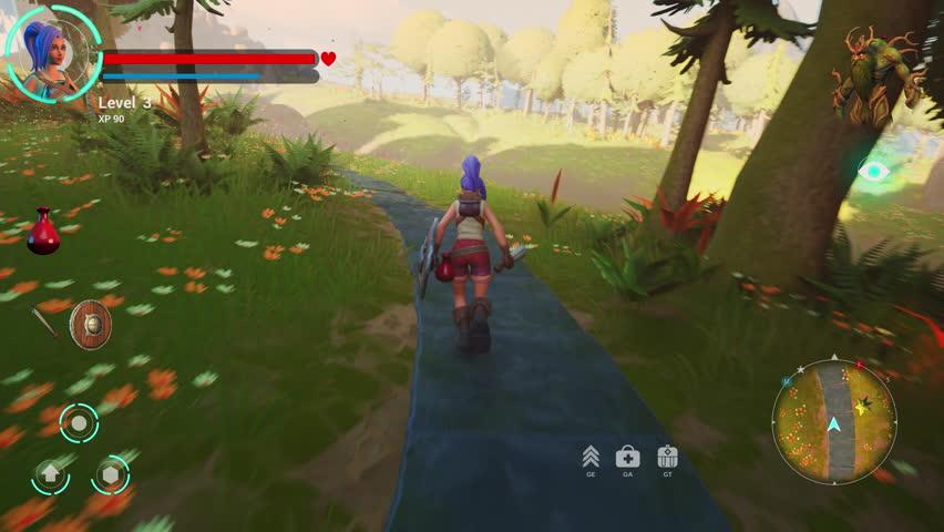 Video Game Mock-up: Playable Character in Beautiful Bright 3D Video Game. Fantasy RPG Featuring Female Hero Character on Adventure, Discovering, Running Towards Goal Marked on Map. Streaming Content Royalty-Free Stock Footage #1109445905