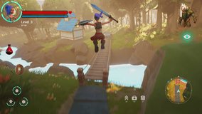 Video Game Mock-up: Playable Character in Beautiful Bright 3D Video Game. Fantasy RPG Featuring Female Hero Character on Adventure, Discovering, Running Towards Goal Marked on Map. Streaming Content - Powered by Shutterstock - Get 15% off with code: PIKWIZARD15