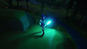 Night Video Game Mock-up Without Overlay: Playable Character in 3D Fantasy Role Playing Video Game. Female Hero Character on Adventure, Running and Exploring Surroundings Holding a Glowing Sword