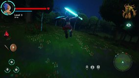 Night Video Game Mock-up: Playable Character in 3D Fantasy Role Playing Video Game. Female Hero Character on Adventure, Running and Exploring Surroundings Holding a Glowing Magical Sword