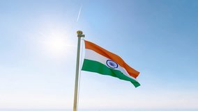 Flag of India waving in the wind, sky and sun background. India Flag Video. Realistic Animation, 4K UHD.