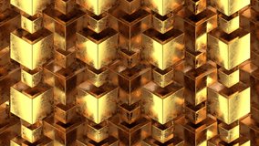This stock motion graphics video shows golden cubes rotating in a seamless loop.