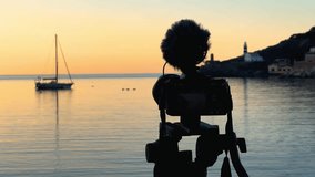 Shooting camera in front of the sea of Soller