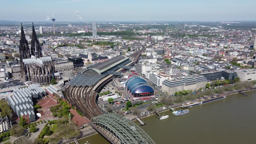 Cologne Cityscape and Panoramic aerial skyline of western side Landmarks with Cathedral dome and train Station Royalty-Free Stock Footage #1109453733