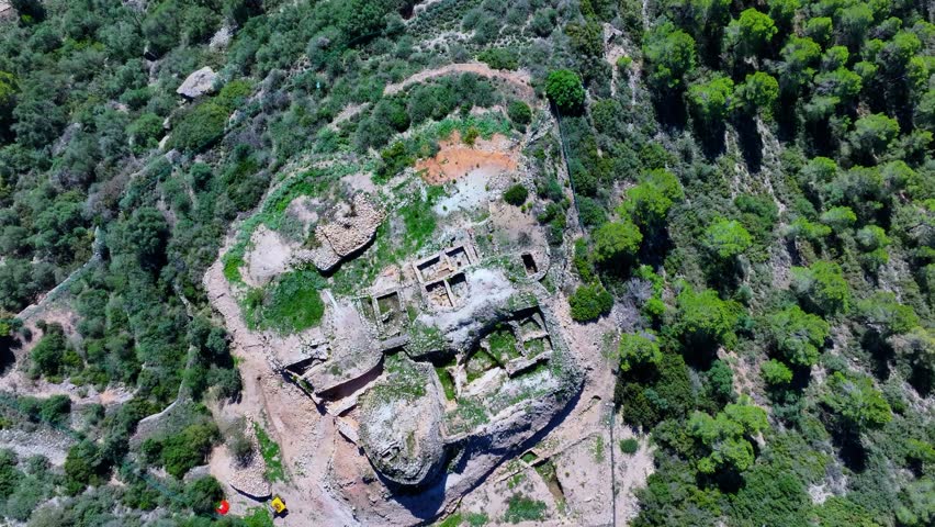 Aerial view of the surroundings of the wind farm and Iberian town of Coll del Moro in the municipality of Gandesa. Terra Alta. Tarragona. Catalonia. Spain. Europe