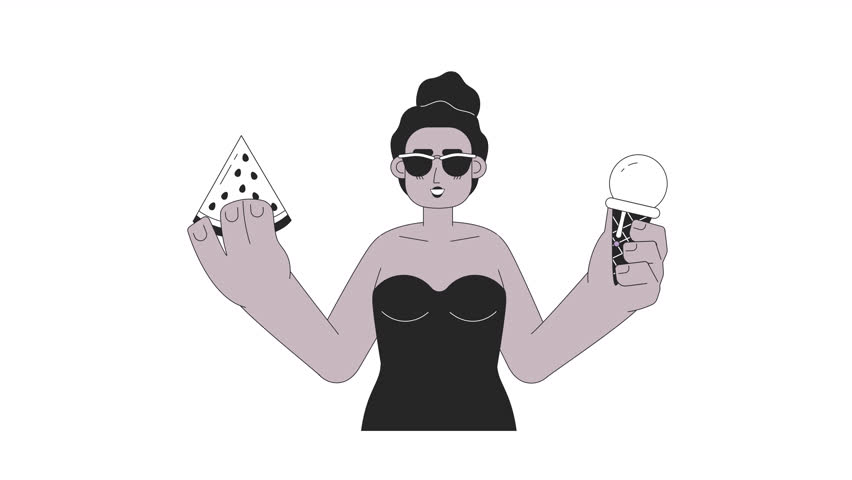 Black woman sunglasses enjoying summer snacks bw 2D character animation. Refreshments outline cartoon 4K video, alpha channel. African american girl beach animated person isolated on white background