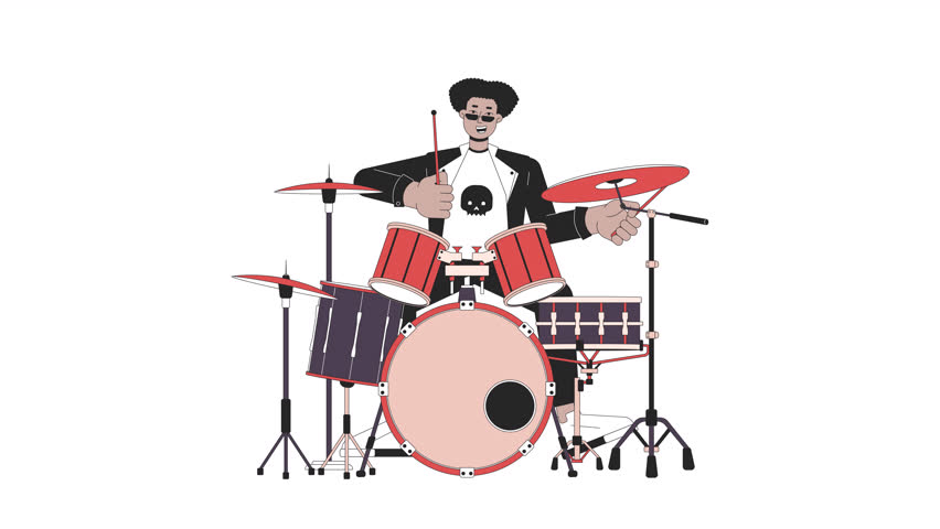 Drummer rock and roll line cartoon animation. Rockstar male beats drumming 4K video motion graphic. Hispanic young adult man in punk rock 2D linear animated character isolated on white background Royalty-Free Stock Footage #1109454447