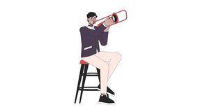 Jazz trombone player line cartoon animation. Male orchestra musician trumpet 4K video motion graphic. Arab adult man trompette musicien 2D linear animated character isolated on white background