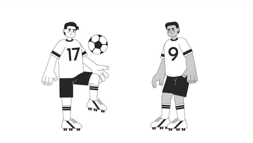 Soccer players practice bw cartoon animation. Boys playing sports 4K video motion graphic. Football athlete kicking ball with knee 2D monochrome line animated characters isolated on white background