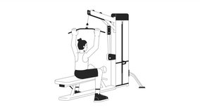 Man dragging bar down on lat pulldown machine bw outline cartoon animation. Gym 4K video motion graphic. Fitness enthusiast male 2D monochrome linear animated character isolated on white background