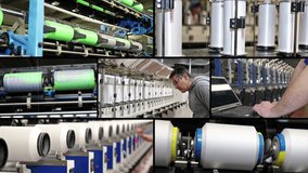 Textile and Garment Industry - Multi Screen Video. Production Manager Overseeing Yarn Manufacturing Machines. Women's Hosiery and Pantyhose Manufacturing. Automated Production in Garment Factory.