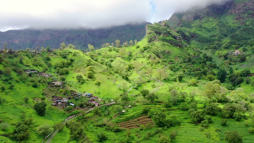 Aerial view of Mountainous green Santiago Island landscape in rain season in Cape Verde