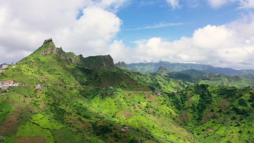 Aerial view of Mountainous green Santiago Island landscape in rain season in Cape Verde