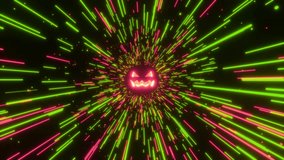 Halloween pumpkin light streaks neon tunnel seamless loop animation 4k. Green and blue cyan lines. video perfect for VJ thematic sets and gothic festivals, Halloween rave parties. Jack-o-Lantern