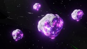 asteroids flies through space to the Earth. Seamless loop 3d animation. Outer space. space and science concept. Purple bright glow