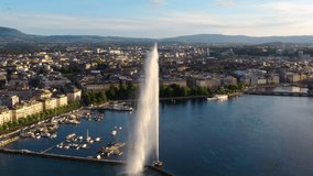 4K Aerial footage of Geneva city   water fountain in Switzerland -UHD