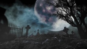 4k video background. Graveyard filled with tombstones. Zombie hands raising from under the ground. The walking dead, halloween holidays, spooky season.