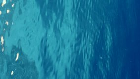 Vertical video, Surface of water during calm on bright sunny day, Slow motion. Underwater view of calm blue water surface. Small swell on surface of Ocean.Beautiful clear blue water surface