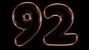 Seamless animation of glowing number 92 with light and reflections isolated on black background in 3d rendering.