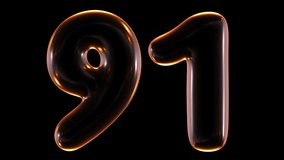 Seamless animation of glowing number 91 with light and reflections isolated on black background in 3d rendering.