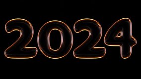 Seamless animation of glowing new year 2024 with light and reflections isolated on black background in 3d rendering.