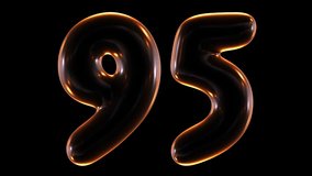 Seamless animation of glowing number 95 with light and reflections isolated on black background in 3d rendering.