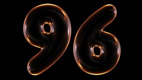 Seamless animation of glowing number 96 with light and reflections isolated on black background in 3d rendering.
