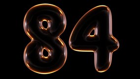 Seamless animation of glowing number 84 with light and reflections isolated on black background in 3d rendering.