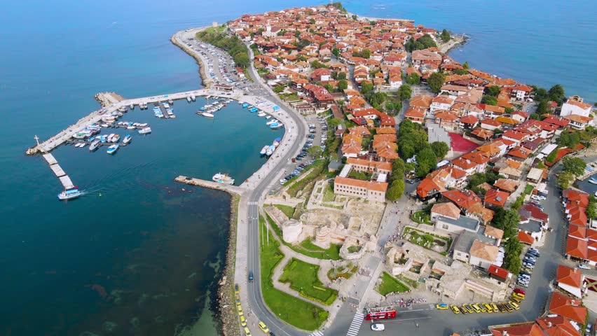Aerial view of Nessebar old town in Burgas Province, on Bulgaria Black Sea coast, drone panoramic of travel holiday destination during a sunny day of summer