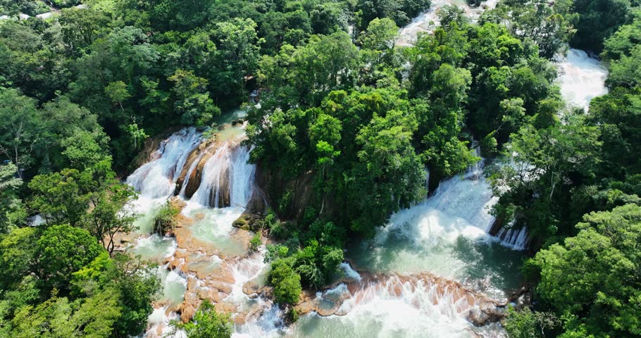 Aerial view of the waterfalls Agua Azul, Chiapas (Mexico).