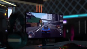 Having fun in the race hobby gaming challenge. Controlling the blue supercar on the street track in a race hobby gaming level. Player Winning the competitive race hobby gaming mission.