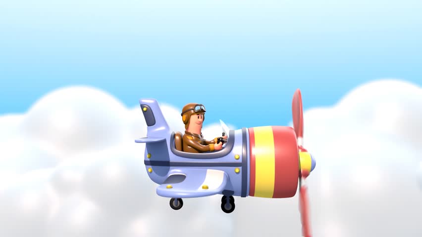 3D Cartoon Pilot Flying a Small Plane in Clouds. Cute Red Small or Toy Aeroplane Animation.