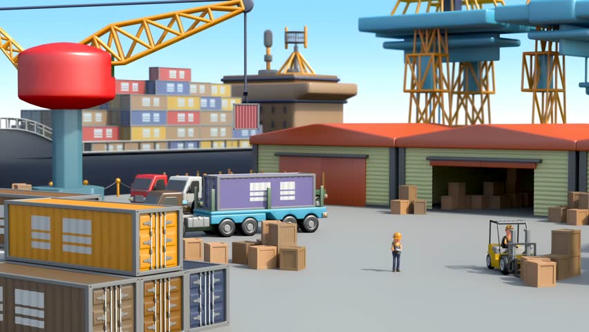 Shipping Container, Truck and Forklift. Maritime Cargo Container and Ship Loading With Cardboard Boxes. Shipping, Storage and Goods Transport. International Trade, Import and Export 3D Animation Royalty-Free Stock Footage #1109471751